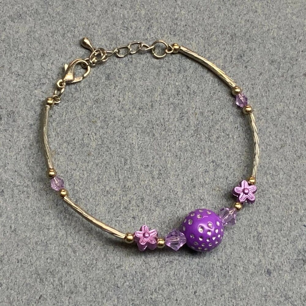 Sparkle Ball Flower Bracelet 7 In Purple Faceted Beads Silver Wire Chain Vintage